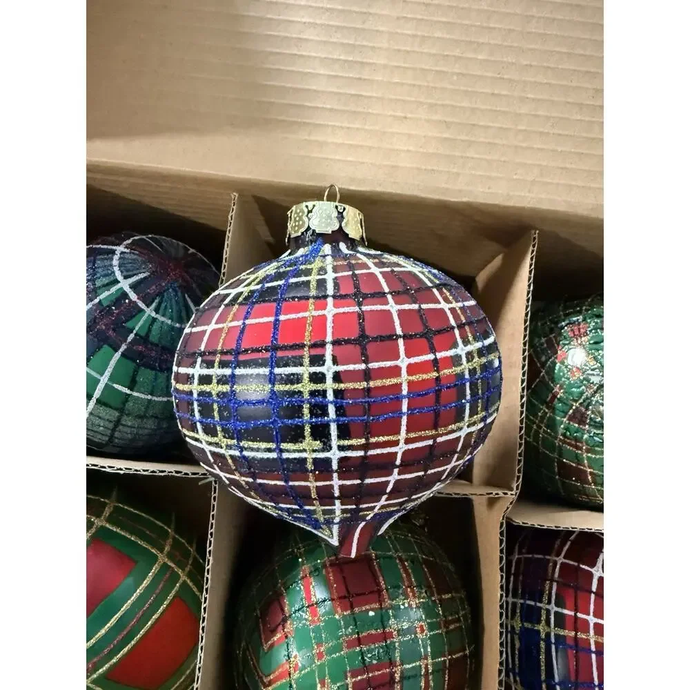 Vintage Jeffrey Banks Home Set of 8 Large Plaid Tartan Glass Ornaments w/ Box